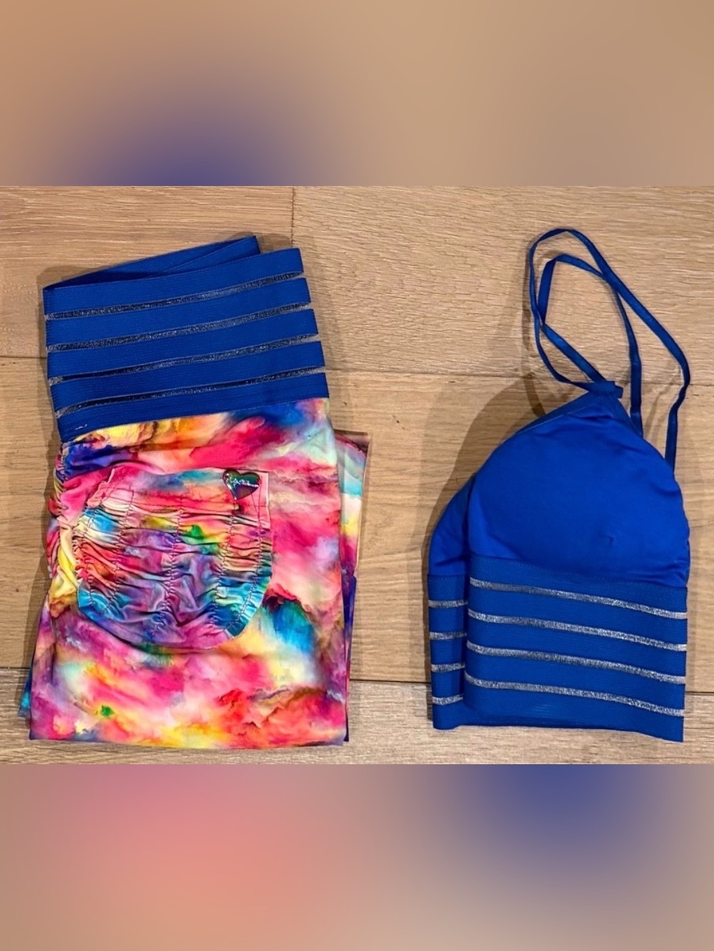 CUTE BOOTY LOUNGE Blue Multicolor Set Bralette and Leggings RARE size S